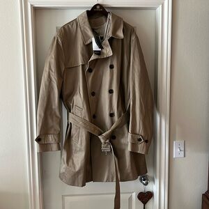3/4 length tan twill trench coat with Button in/out liner.